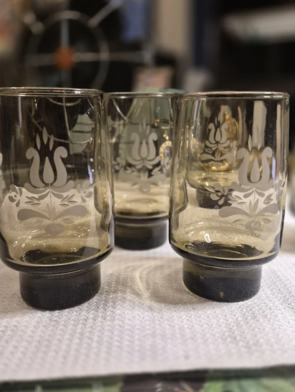 Smoked Glass Floral Etched Tumbler - Set of 6 VINTAGE